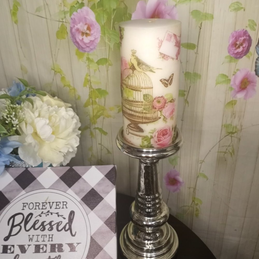 Tall Pillar Candle Bird Cage Decoupage Unscented